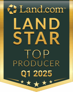 A dark green vertical banner with gold trim, a gold logo Land.com at the top with gold letters underneath: LAND STAR, TOP PRODUCER, Q1 2025 and 5 gold stars at the bottom.